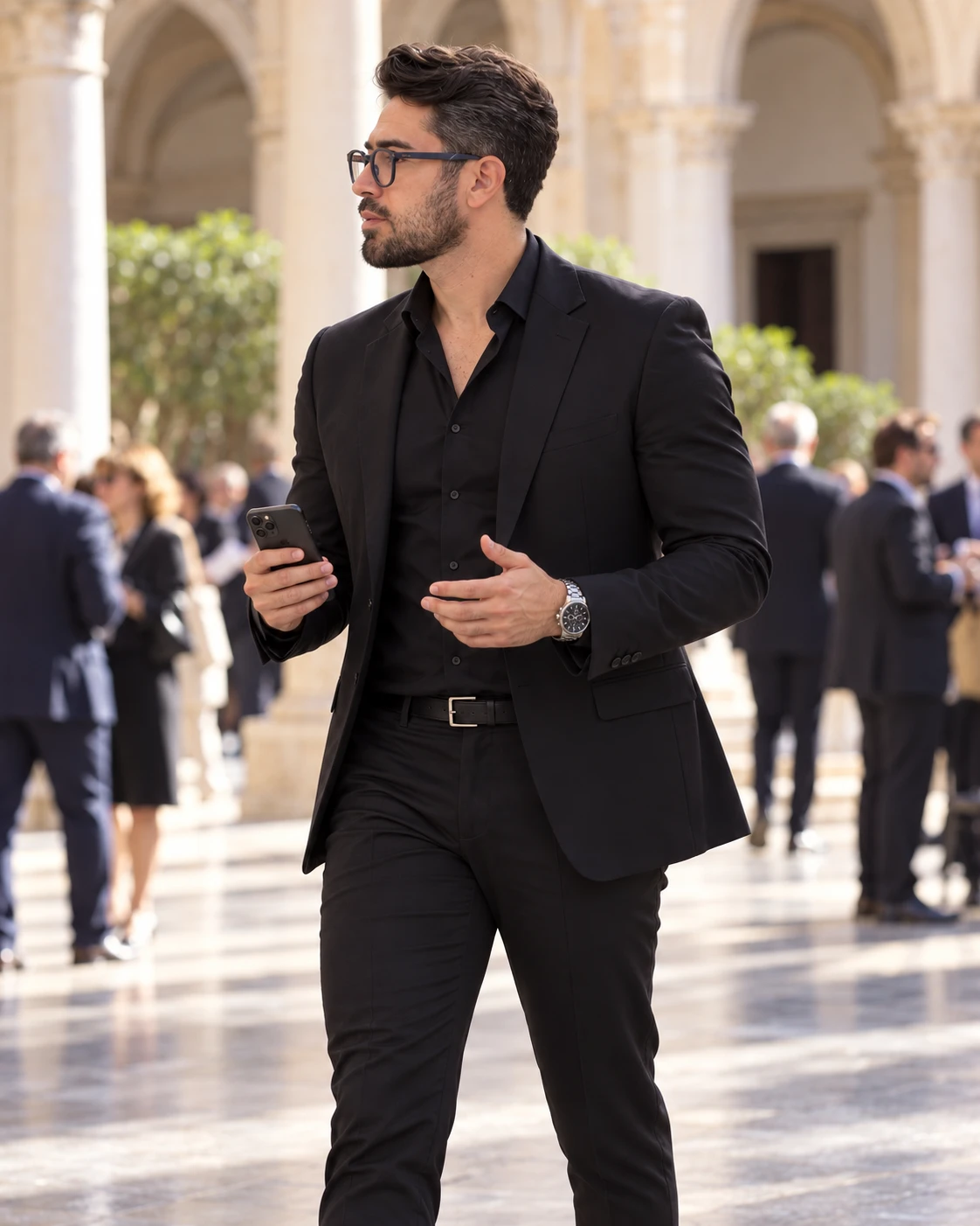 Prof. Will de terno preto, caminhando com o celular na mão